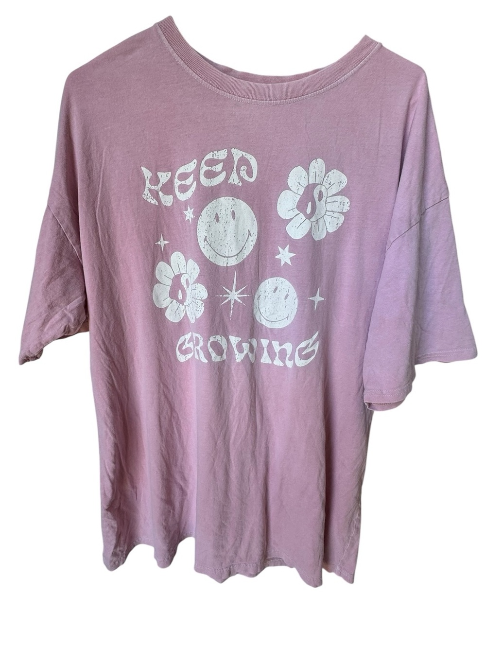 Pink 'Keep Growing' Smiley OS Distressed High End Graphic Tee Yin Yang Floral